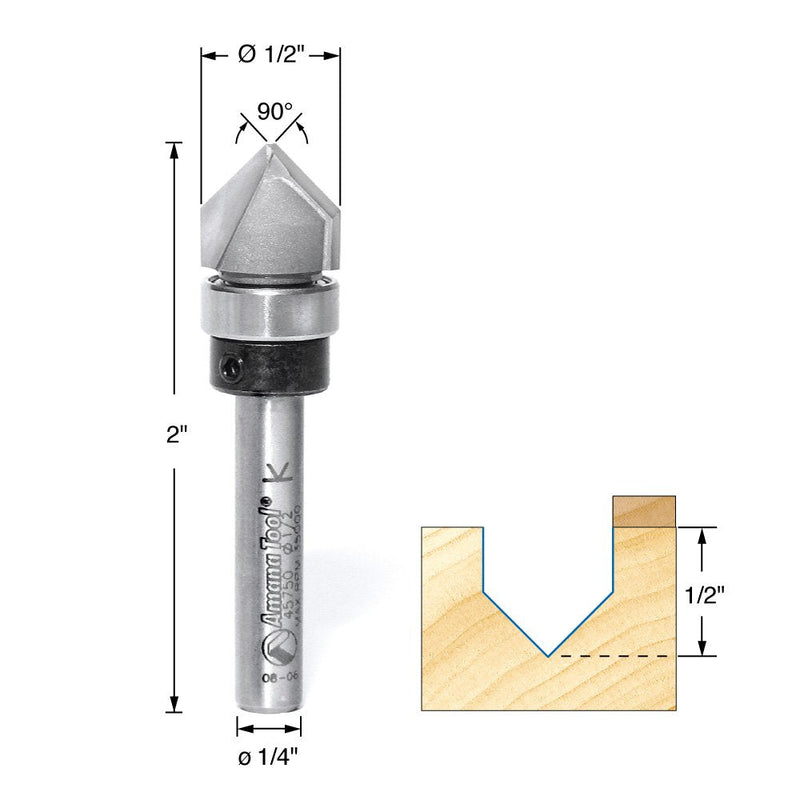Amana Tool - 45750 Carbide Tipped V-Groove 90 Deg x 1/2 Dia x 1/2 x 1/4" Shank with Up
