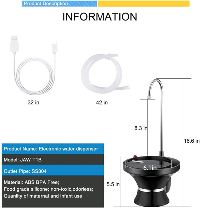 Drinking Water Dispenser Pump, Automatic Electric Drinking Water Bottle Pump for 2-5 Gallon Water Jugs, USB Rechargeable with 2 Switch Control, Stable and Portable for Home, Kitchen, Office, Camping Black
