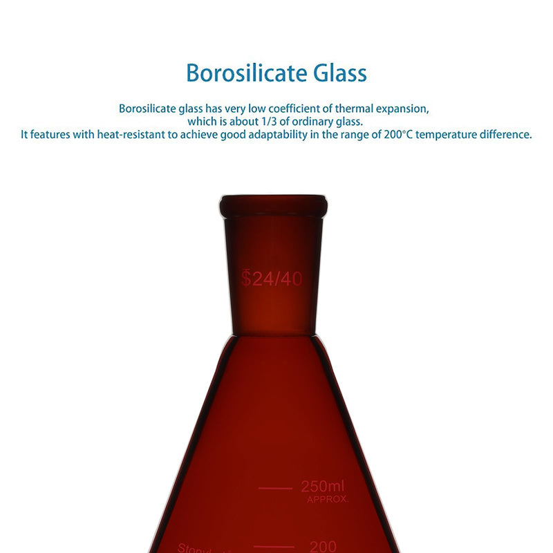 stonylab Amber Erlenmeyer Flask with 24/40 Standard Taper Outer Joint, Borosilicate Glass Heavy Wall Flask in 250 ml Capacity, Ideal for Mixing, Heating, and Lab Experiments