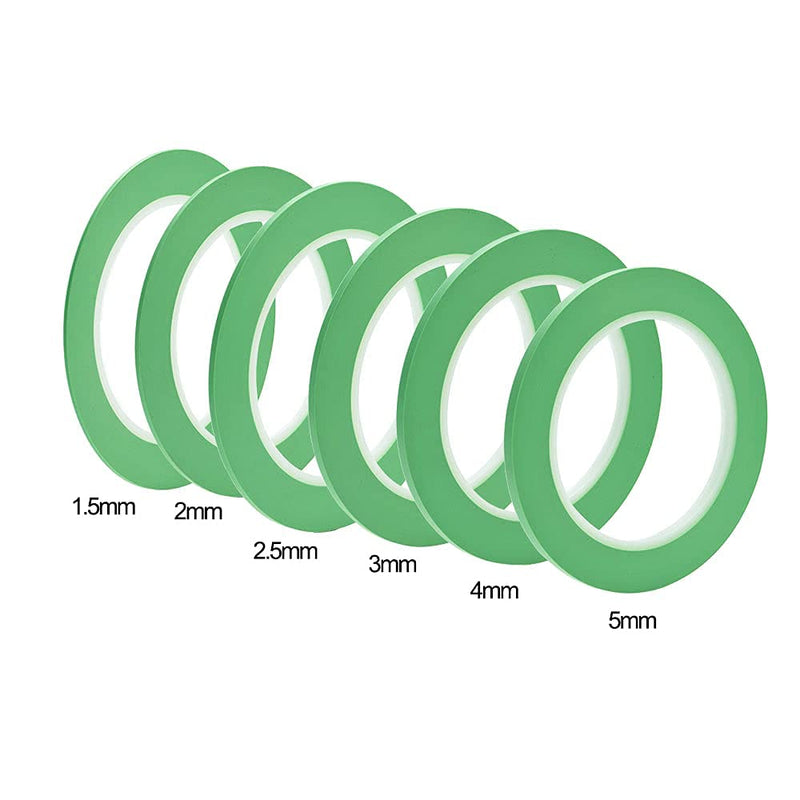 JINBING Mix 6Rolls High-Temp Vinyl Fine Line Masking Tape Automotive Paint for Curves Green 1.5mm 2mm 2.5mm 3mm 4mm 5mm (Pack of 2) 1.5mm 2mm 2.5mm 3mm 4mm 5mm x 25m (Pack of 2)