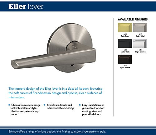 Schlage Custom FC172 ELR 619 KIN Eller Non-Turning Lever with Kinsler Trim, Satin Nickel Inactive