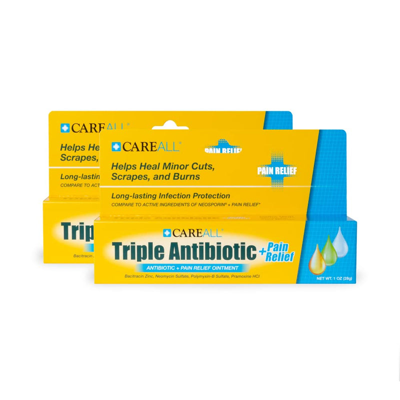 CareAll Triple Antibiotic Ointment + Pain Relief 1.0 oz (2 Pack), Dual Action First Aid for Minor Scrapes, Cuts, and Burns to Help Prevent Infection While Providing Maximum Strength Pain Relief.