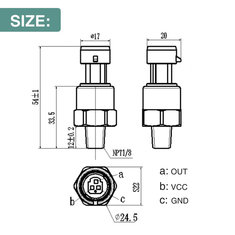 Pressure Transducer Sender Sensor with Connector, 1/8"NPT Thread Stainless Steel Fuel Pressure Sensor for Oil Fuel Air Water (100PSI) 100 PSI