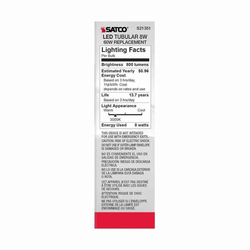 Satco 8-Watt LED Filament T10 Light Bulbs, 3000K Soft White, 800 Lumen, E26 Medium Base, 15000 Hour Rating, Dimmable, Wet Location, 6 Pack