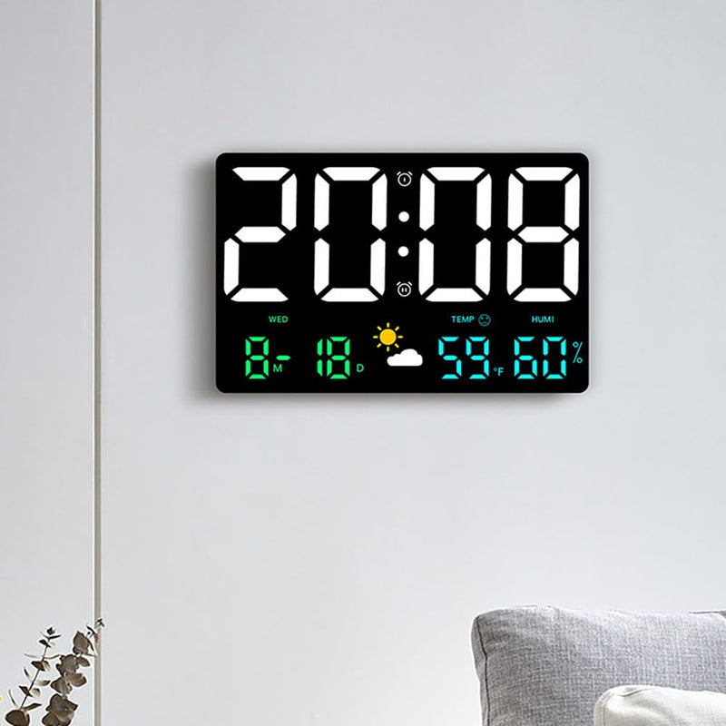Large Digital Wall Clock with Temperature and Humidity Sensor Colorful Led Weather Forecast Alarm Calendar Timer for Home and Office Use 9.7X6.2 Inch
