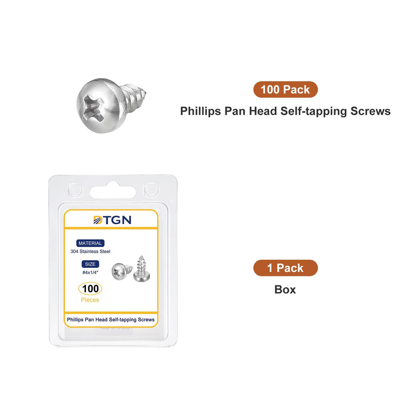 #4x1/4" Phillips Pan Head Self-Tapping Screw - 100Pack - Bright Finish 304 Stainless Steel Sheet Metal Screws Wood Screws #4x1/4"