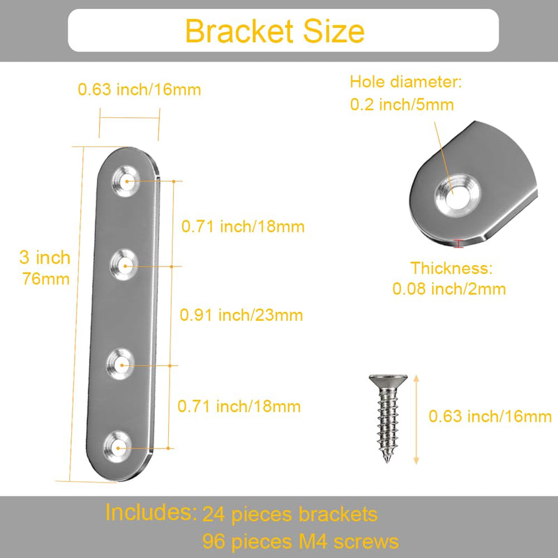 24 Pack Straight Brace Brackets 3 Inch Stainless Steel Flat Mending Plates, Heavy Duty Repair Fixing Joining Brackets for Wood Furniture with Screws 3"/ 80mm (24Pcs)