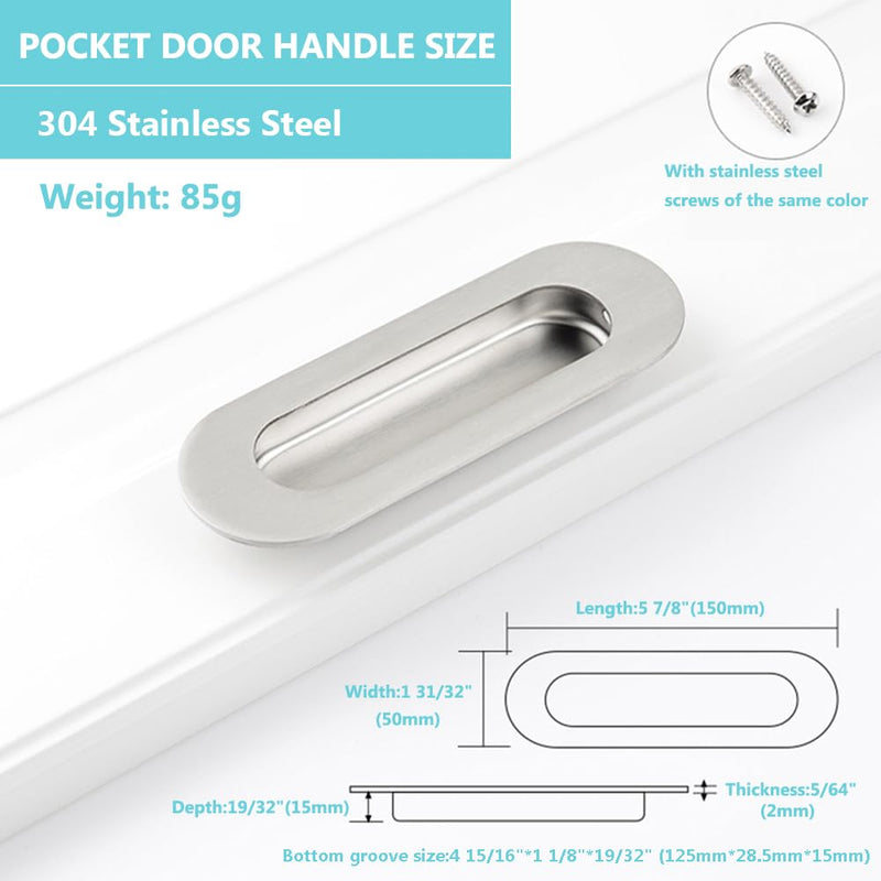 Sliding Pocket Door Hidden Handle, 304 Stainless Steel Pocket Door Hardware, Recessed Flush Finger Pulls, Heavy Duty Edge Pull with Pop Out Ring Pull (Silver, 6 inch) Silver