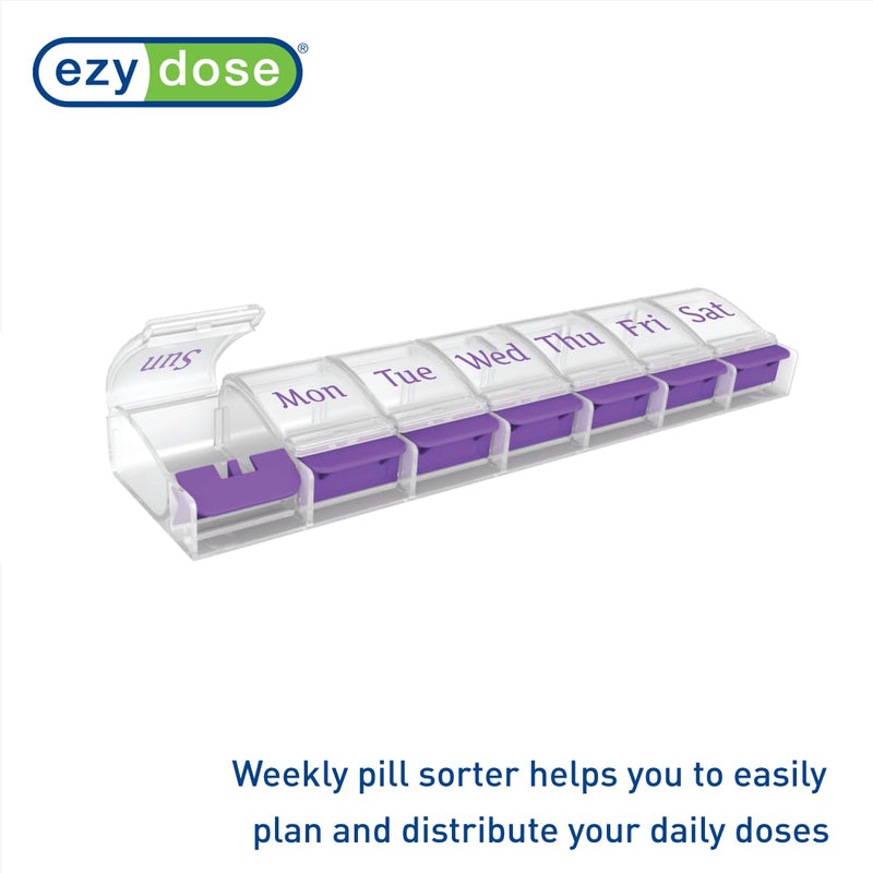 EZY DOSE Weekly (7-Day) AM/PM Daily Pill Organizer, Vitamin Case, and Medicine Container, X-Large Compartments, Arthritis Friendly, Convenient with Effortless Portability, Clear/Purple Lids, BPA Free Purple X-Large 8.75"x2"x1"