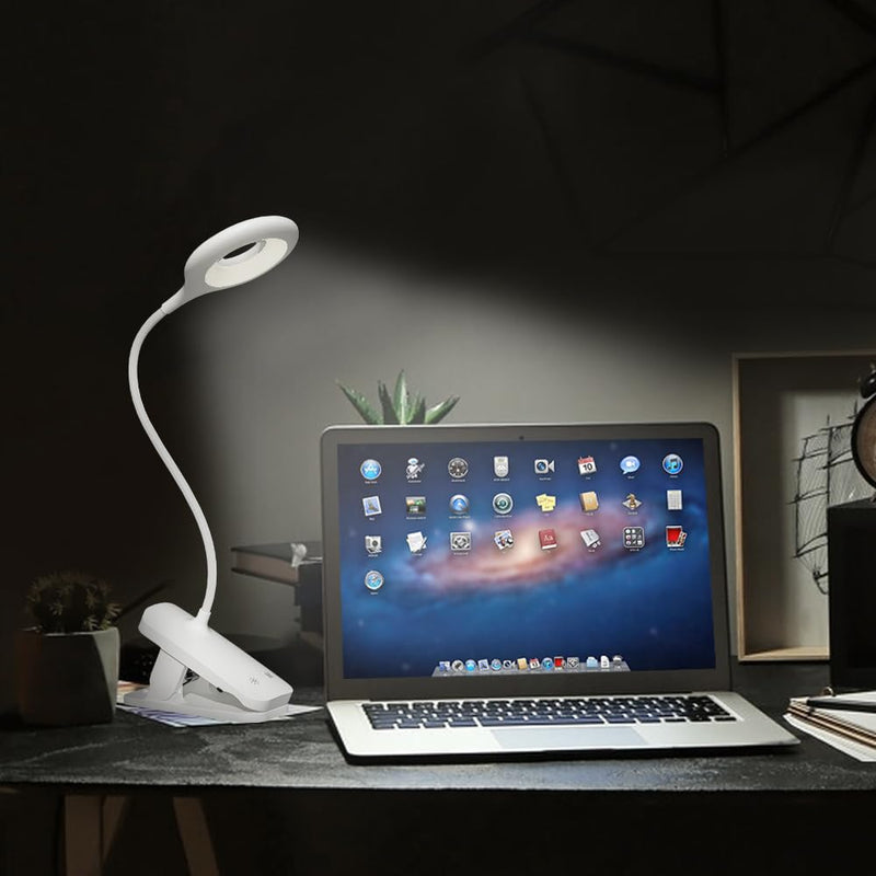 CUHIOY Clip on Reading Light for Bed Headboard, Rechargeable Battery Clamp on Bunk Bed Light, 5 Colors 5 Brightness Flexible Neck Desk Lamp, Eye Protect LED Touch Control Book Lights at Night for Kids 1Pack White