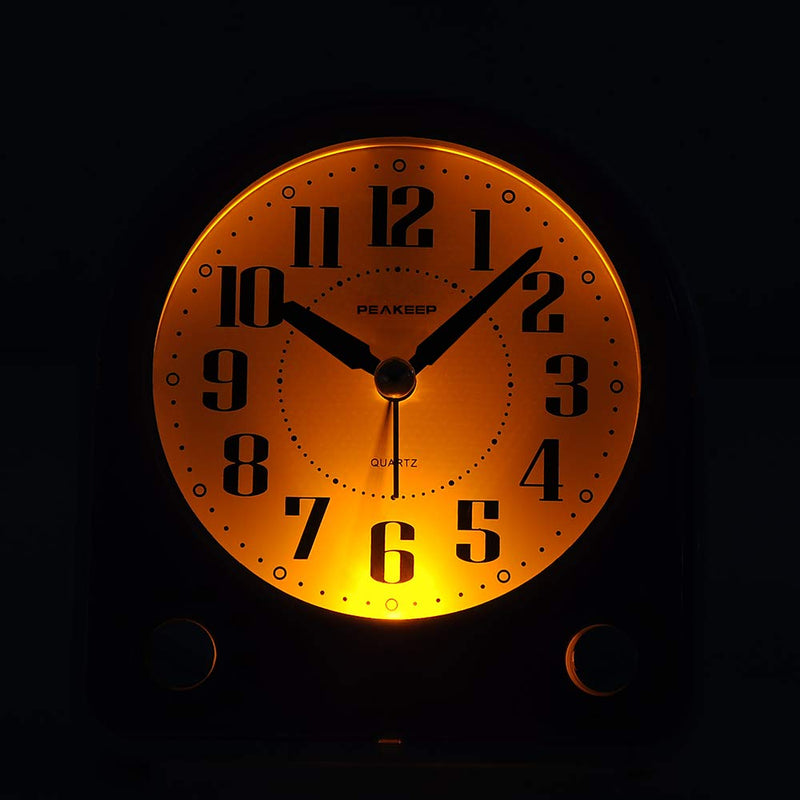 Peakeep Analog Alarm Clock Non-Ticking Silent, Optional 7 Wake-up Sounds with Volume Control, Nightlight and Snooze, AA Battery Operated (Black) Black