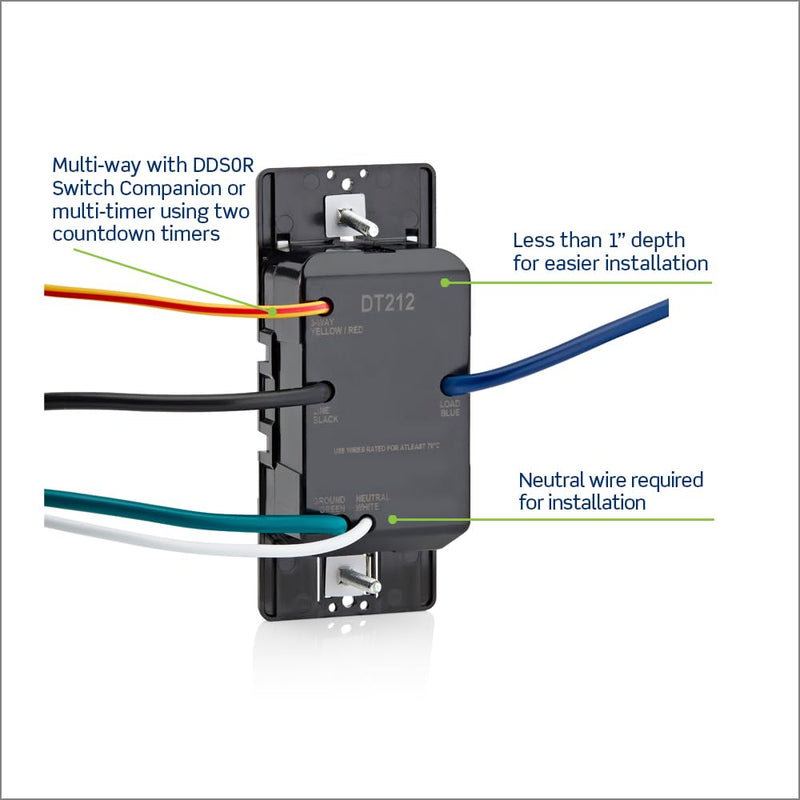 Leviton Countdown Switch for lights, attic, heaters, pool pumps, 2-4-8-12 hour, Neutral Wire Required, 20A, 1 HP/16A Fan/Motor, Single Pole, Multi-Way or Multi-Timer, DT212-1LW, White 20 Amp