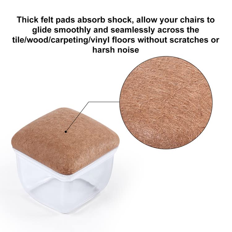 24 PCS Clear Square Silicone Chair Leg Floor Protectors with Felt, Floor Protectors for Chair, Felt Furniture Pads, Chair Leg Caps Covers, No Scratches and Reduce Noise (Fit: 1.1''–1.45'', Clear) L(Fit: 1.1"-1.45")