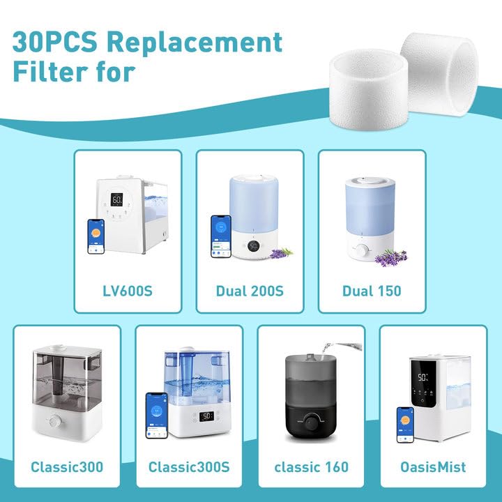 30-Pack Humidifier Filters Compatible with LEVOIT Humidifiers Model Classic160, Dual150, Dual200S, Classic300(S), LV600S, OasisMist 450S, Superior 6000S Series - Enhanced Humidification Efficiency