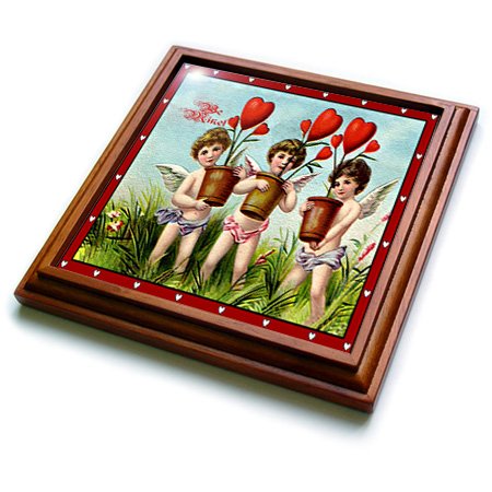 3dRose Three Cupid Kids Holding Heart Plants Textured and Vintage) Trivet with Ceramic Tile, 8 by 8", Brown