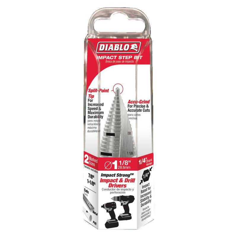 Diablo Impact Strong Step Drill Bit - Fast, Precise Drilling in Thin Metals, Plastic and Steel - Optimized Dual Flute Design, 1-1/8" Diameter, 1/4" Hex Shank, 3-1/32" Length, 17 Steps - DSD1125S17