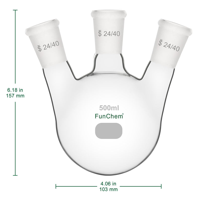 FunChem Three Necks Round Bottom Flask RBF, Glass 3-Neck Boiling Flask with 24/40 Standard Taper Outer Joint, 500 ml