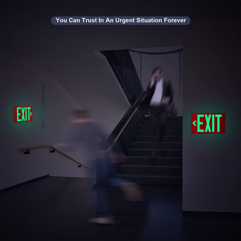 Photoluminescent Exit Sign Aluminum - Adhesive Backing Glow In The Dark - Removable Arrows Included - 12x7 Inches - Non Electrical Red Exit Light For 50 Feet Visibility (1 Pack) 1 Pack