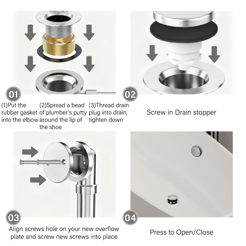 Tub Drain Tip-Toe Trim Set with Two-Hole Overflow Faceplate,Bath Tub Drains Conversion Kit with Universal Fine/Coarse Thread,Replacement Bathtub Drain Stopper Assembly(Chrome) Bathtub Drain-chrome Plated
