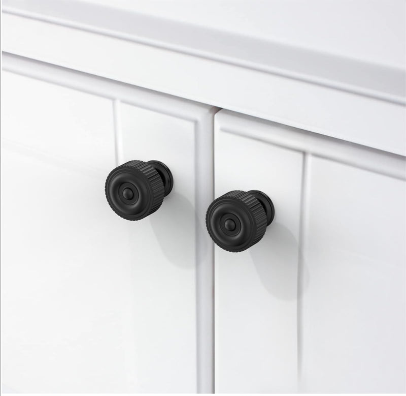FILTA 10 Pack Matte Black Cabinet Knobs - Ribbed Design Zinc Alloy Dresser Drawer Cabinets Hardware for Furniture Kitchen Bathroom Single Hole Knob