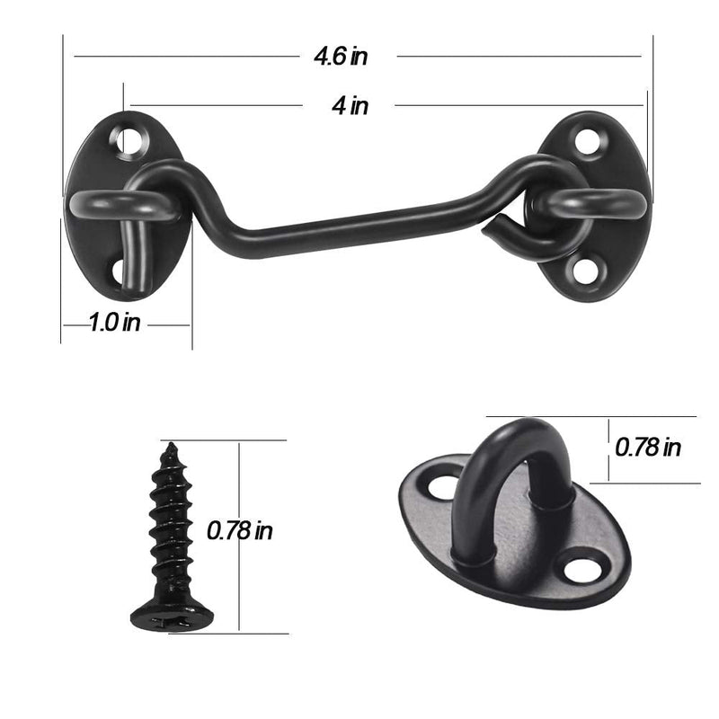 Cabin Hook and Eye Latch for Door, 2 Pack 4 Inches Barn Door Latch and Privacy Hooks, Cabin Door Gate Latche Best for Window, Bedroom, Sliding Door (Black)