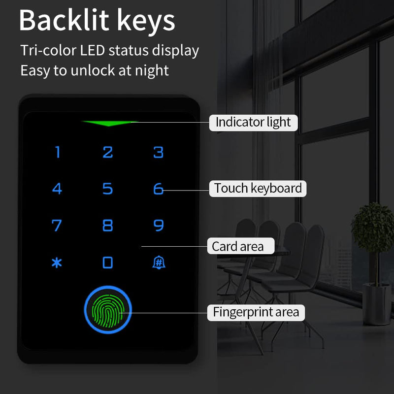 WiFi Access Control Keypad,Fingerprint Controler,125khz Card,Door Lock Opener,Mobile APP Door Keypad,Remote Control Door Lock,Entry Gate Keypad,IP66 Watreproof,1000 User,10pcs Card Free
