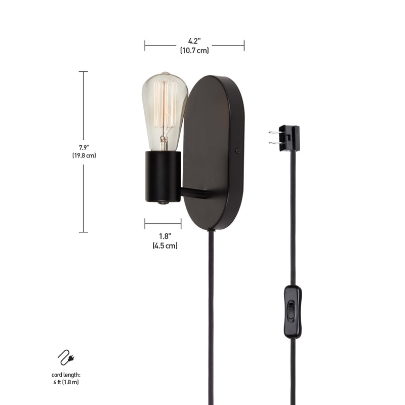 Globe Electric 51488 1-Light Plug-in or Hardwire Wall Sconce, Matte Black, 6ft Black Fabric Covered Cord, Inline On/Off Rocker Switch, Wall Lights for Bedroom, Bulb Not Included