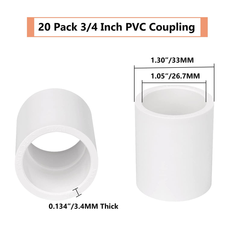 20 Pack 3/4" PVC Pipe Coupling Adapter Pipe Fittings (Socket x Socket) Contractor Pack Schedule 40 Heavy Duty 3/4 Inch PVC Slip Socket Connectors for DIY PVC Shelf Garden Support Structure, White 3/4Inch 20