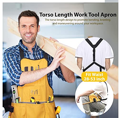 Work Tool Apron for Men and Women, Torso Length with 21 Tool Pockets, Durable Canvas Apron, DIY Enthusiasts Yellow