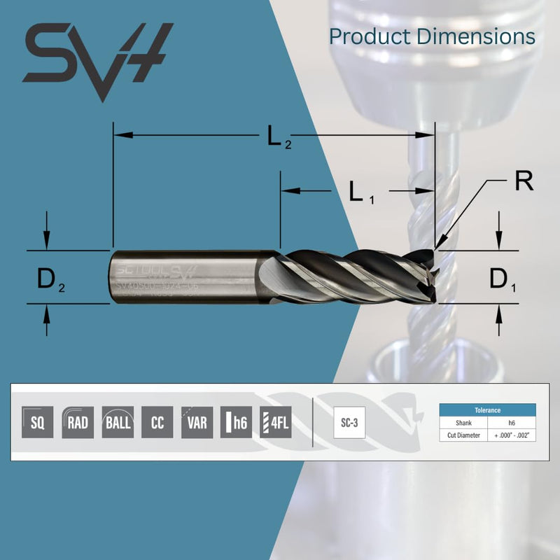 SCT20043 SV4 4-Flute, 3/8" Diameter, 7/8" Cutting Length, .015" Corner Radius, Center Cutting, 2.5" OAL, Coated, 3/8" Shank Dia., High Performance Variable Helix Carbide Endmill for Ferrous Materials SCT20043 (0.015" CR x .8750" LOC)