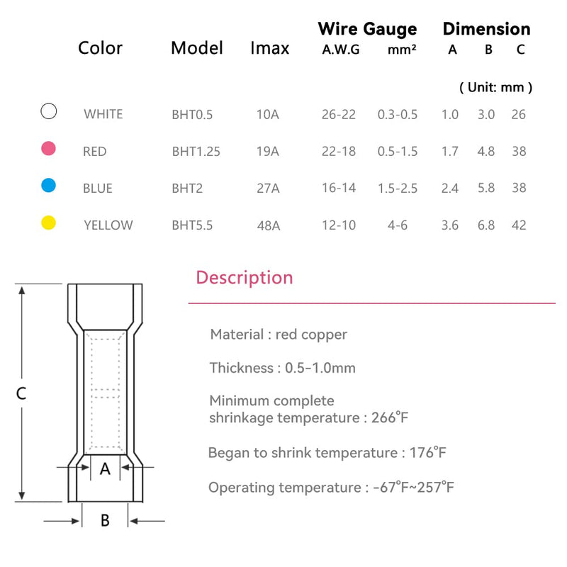 HKS 200 PCS Blue Heat Shrink Butt Connector 16-14 AWG - Electrical Connectors - Tinned Red Copper 0.8mm - Automotive Marine Stereo Boat Crimp - Waterproof and Insulated Blue 16-14AWG 200Pcs