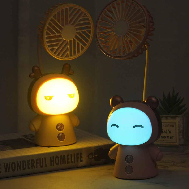 Mini Handheld Fan Cartoon Portable Fan with Night Light USB Rechargeable Battery Operated Folding Small Fan for Home Kids Children Table Study Desk Lamp LED Light (Pink) Pink