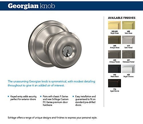 SCHLAGE F51A GEO 608 CAM Georgian Knob with Camelot Trim Keyed Entry Lock, Satin Brass