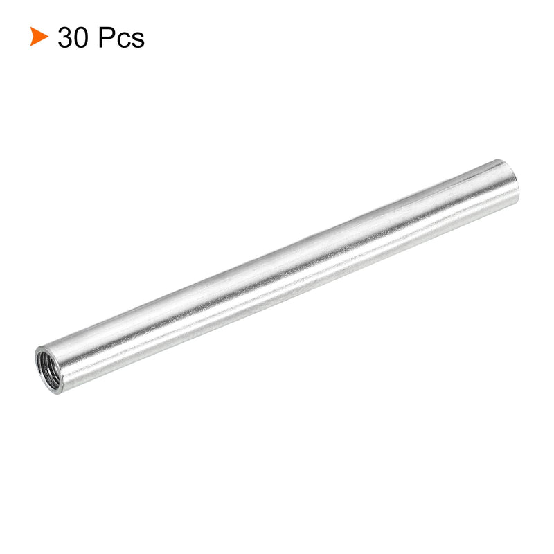 MECCANIXITY Round Coupling Nut, M4x0.7mm Female Thread 50mm Threaded Round Sleeve Connector Rod Bar Stud Tube Nut Hardware Fastener, Silver Pack of 30