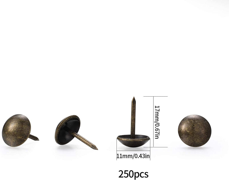 250 Pcs Upholstery Tacks, Decorative Furniture Tacks, Round Head Bronze Nails Tacks Pins, Antique Thumb Tacks Push Pins for DIY Project, Furniture, Sofa, Chair, Bed- 11x17 mm