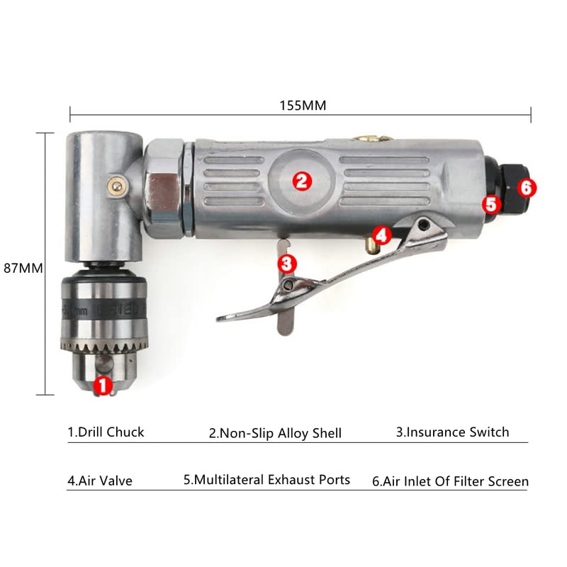 VIGAN Portable 1/4'' 90 Degree Air Drill Pneumatic Right Angle Drill Pistol Drill Power Screwdriver