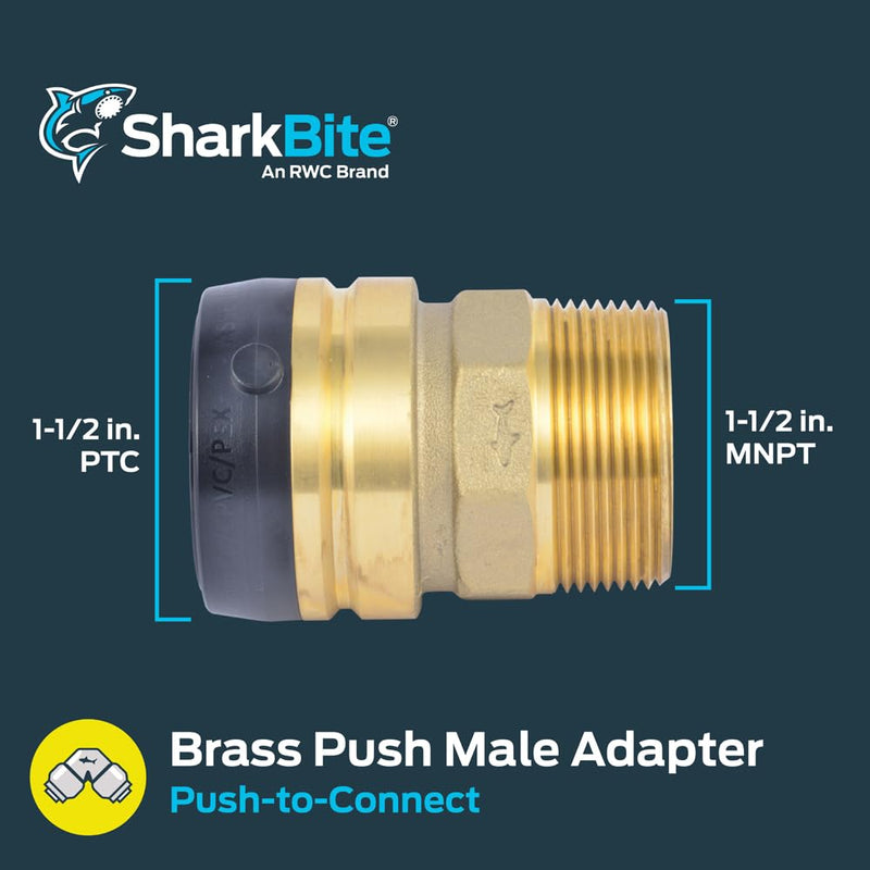 Sharkbite MNPT Adapter, Push to Connect Brass Plumbing Fitting, PEX Pipe, Copper, CPVC, PE-RT, HDPE 1-1/2 in.