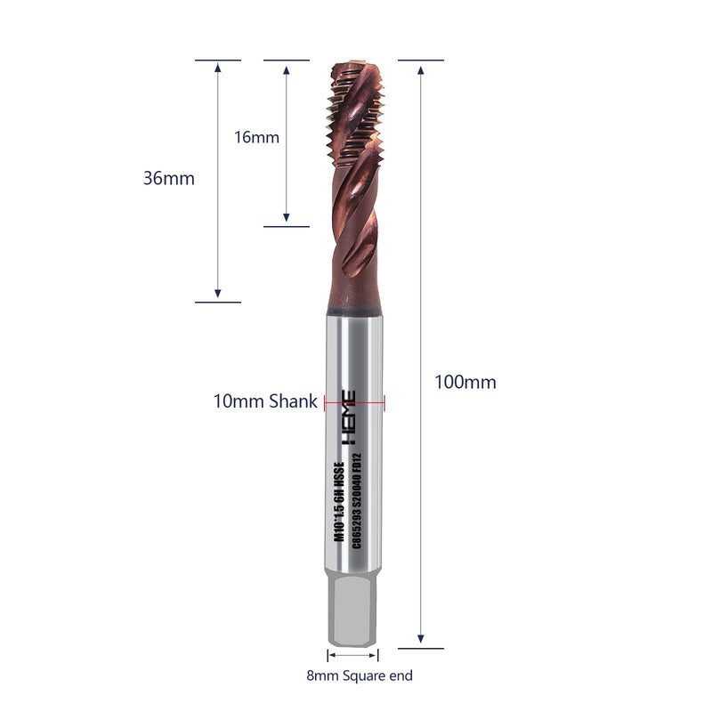HEME Tools Extra Long Thread Tap DIN Standard M10 x 1.5 AlTiN Coating Spiral Flute Thread Tap, Metric Machine Threading Tap High Speed Steel Cobalt(HSSCo), Round Shank with 6H Tolerance-1pcs M10x1.5mm DIN SFT 1PC