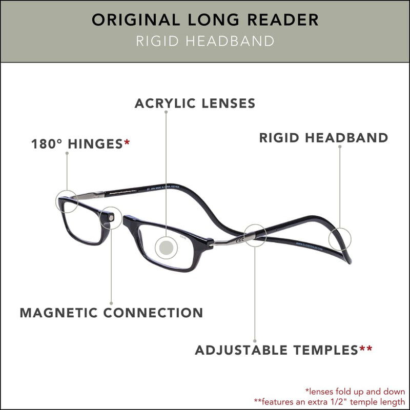 Clic Magnetic Reading Glasses for Men or Women, Computer Readers, Original Long Black 1.75 x