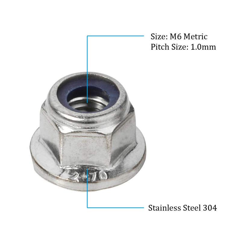 M6-1.0 Flange Nylon Insert Lock Nuts Flanged Locknuts, DIN 6926, Stainless Steel 18-8 (304), Bright Finish, 25 PCS M6