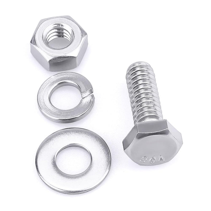 1/4-20 x 3/4" (10 Sets) Stainless Steel Hex Bolts Screws with Nuts Flat Washers Lock Washers, 304 SS 18-8, Hexagon Head, Fully Machine Threaded, Bright Finish 1/4-20 x 3/4" 10