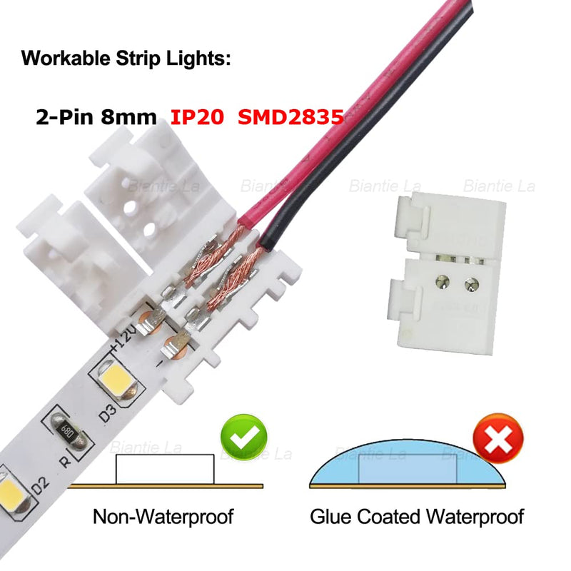 2-Pin 8mm LED Connectors Solderless Unwired Clips - DIY Strip to Wire Quick Connection for 12v 24v Single Color SMD 3528 2835 Tape Lights (Pack of 10)
