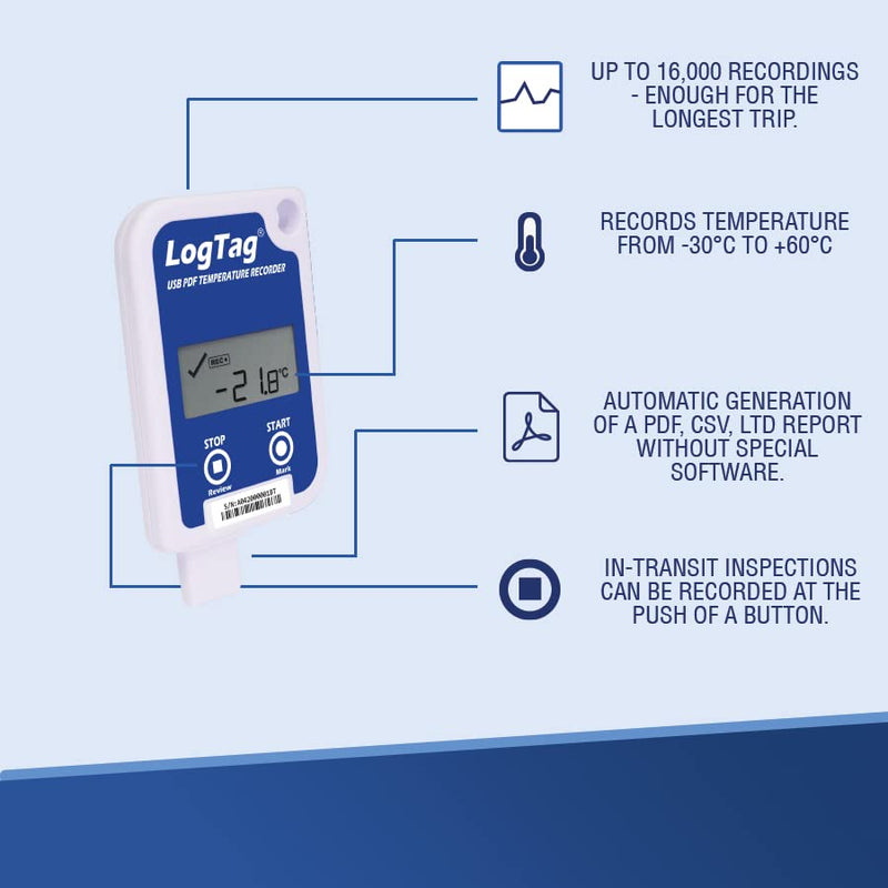 USRID-16 Single-use Temperature Recorder, with 16,000 Readings, 6-Month Battery, Range of -30°C to +60°C (-22°F to +140°F), Blue/White