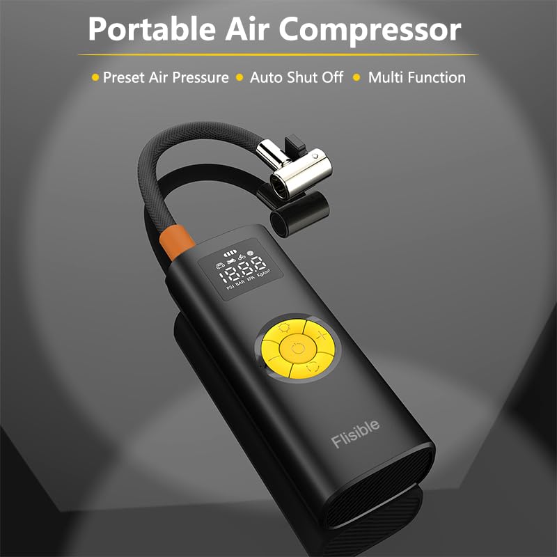 Air Compressor Portable Tire Inflator, 9000mAh Electric Air Pump, 150PSI Bike Pump Cordless Fast Inflate with Pressure Gauge & LED Light & LCD Display for Cars, Bikes, Balls, Motorcycles,Yellow Yellow