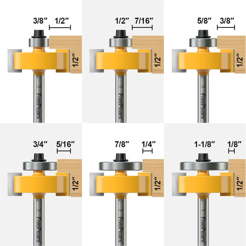 Fivepears 1/4 Inch Shank Rabbet Router Bit with 6 Bearings Set, Rabbeting Router Bit can Interchangeable and Adjustable Multi Depths Cutter 1/8", 1/4", 5/16", 3/8", 7/16", 1/2" … 1-3/8" Dia - 1/2" CL