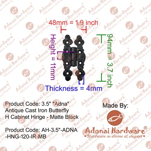 Adonai Hardware 3.5" "Adna Antique Cast Iron Butterfly H Cabinet Hinges (4 Pack, Matte Black) for Barn Doors, Cupboards, Wooden Jewelry Box, Furniture, Treasure Chest and Trunks