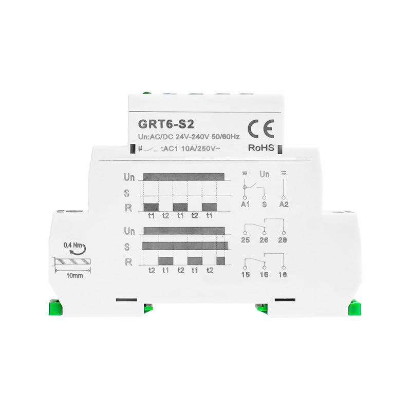 Asymmetric Cycle Timer Relay AC DC 24V-240Volt 10A, SPDT Mini Adjustable Repeat Cycle Time Relay Switch ON Off GRT6-S2, Electronic Timer Relay 10-Position from 1S to 1 Minute to 100 Days in Din Rai GRT6-S2 24-240V AC/DC 10A