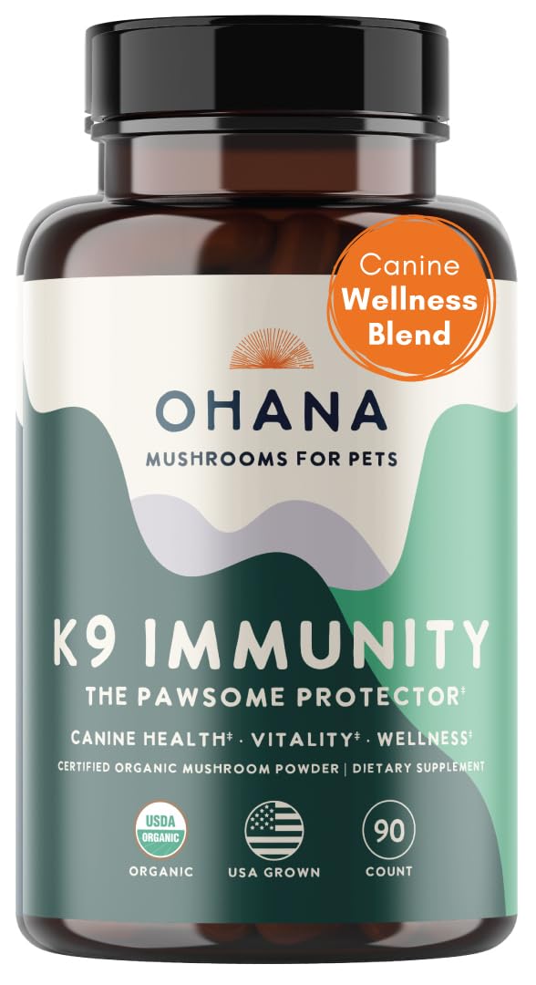 Ohana K9 Immunity, Dog Supplements, Contains 6 USDA Organic Mushroom Extracts for Dog Care, Non-GMO, Gluten-Free, 90-Capsule Bottle, Pack of 1 K9 Immunity Capsules 90 Count (Pack of 1)