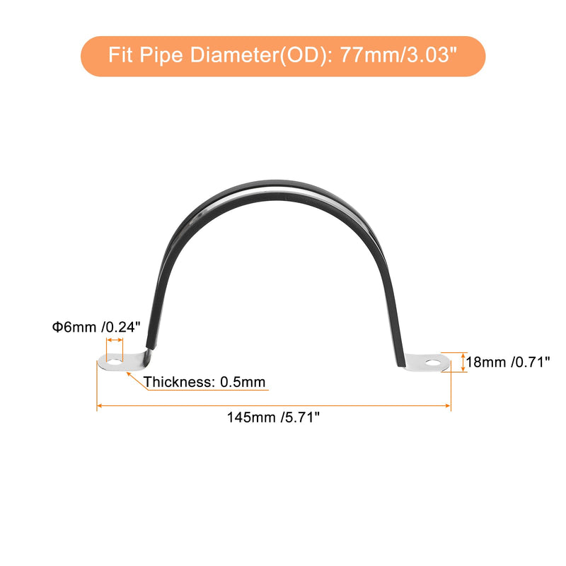 uxcell 6Pcs 77mm(3") Cable Clamp, Rubber Pipe Strap Rubber Cushioned 304 Stainless Steel Hose Clamp U Shape Metal Clamp Tube Holder for Tube Pipe Wire 6 3"