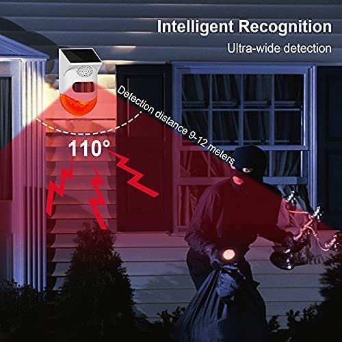 ChunHee Solar Motion Senor Alarm Outdoor Motion Detector Alarm 2 Adjustable Sensitivity 129db Lond Sound Security Siren Light IP67 Waterproof for Garden,Home,Farm,Barn,Yard 2 Light+1 Remote Control